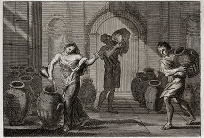 Biblia Royaumont, Stary Testament: Cud Elizeusza. Umęczona wdowa po swoich twórcach, korzystając z dobroczynności Elizeusza, ten Prorok nakazał jej pożyczyć wiele naczyń od tych sąsiadów, które napełniła oliwą z małą resztką, którą miała w swoim domu. autorstwa Unknown artist