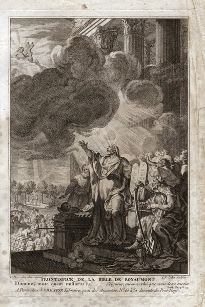 Biblia Royaumont, Stary Testament: Mojżesz zwracający się do Boga („Panie, wyślij tego, kogo masz wysłać”). Frontyspicjum. Ilustracja z 1811 roku. autorstwa Unknown artist