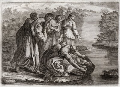 Biblia Royaumont, Stary Testament: Mojżesz ratuje wody. Córka faraona wycofała Mojżesza z wód Nilu i adoptowała go dla swojego syna. Ilustracja z 1811 roku. autorstwa Unknown artist