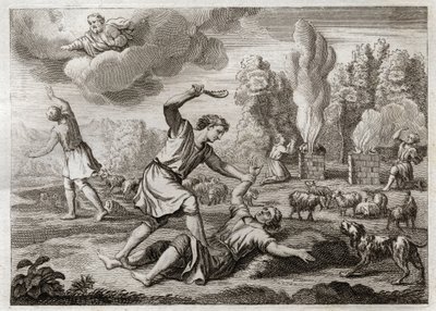 Biblia Royaumont, Stary Testament: Morderstwo Abla. Kain z zazdrością niesie swojego brata przeciwko Ablowi, wyprowadzając go na wieś, jak gdyby szedł, i zabijając go. Ilustracja z 1811 roku. autorstwa Unknown artist