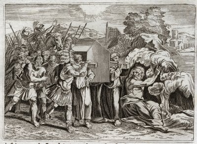 Biblia Royaumont, Stary Testament: Przejście Jordanu. Jozue przynosi Jordan wszystkim ludziom. Ta rzeka wysycha i weszli do niej kapłani, którzy nieśli Arkę Przymierza; a wody wzbiły się w górę i pozostały zawieszone jak góra. I autorstwa Unknown artist