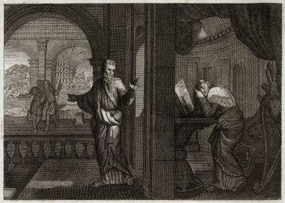 Biblia Royaumont, Stary Testament: Pokuta Dawida. Bóg wysyła swojego proroka Natana do Dawida, aby reprezentował jego winę. Żal, że ten święty Król z niej wyciągnął, sprawia, że akceptuje całe zło, które przewidział mu Prorok. Ilustracja z 1811 roku. autorstwa Unknown artist