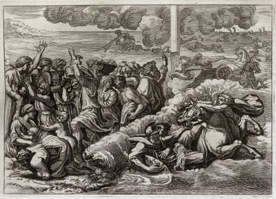 Biblia Royaumont, Stary Testament: Faraon zanurza się w Morzu Czerwonym. Przejście przez Morze Czerwone przez Mojżesza i Hebrajczyków, zatopienie armii faraona. Ilustracja z 1811 roku. autorstwa Unknown artist