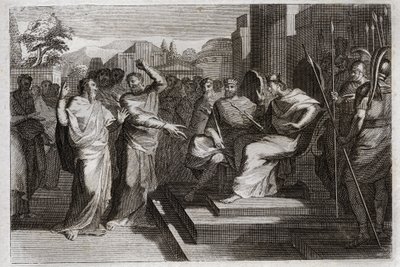 Biblia Royaumont, Stary Testament: Piete Jozafata. Jehoszafat, najpobożniejszy król Judy, wprawia w drżenie wszystkich otaczających go książąt i na różne sposoby świadczy o swojej pobożności wobec Boga, co uczyniło go zwycięskim nad wrogami. Ilustracja autorstwa Unknown artist