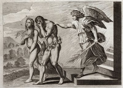 Biblia Royaumont, Stary Testament: Kara Adama. Bóg wypędza Adama i Ewę z Raju po ich upadku i stawia Cherubina u drzwi, aby bronić ich wejścia. Ilustracja z 1811 roku. autorstwa Unknown artist