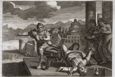 Biblia Royaumont, Stary Testament: Kara Heli. Bóg, aby ukarać wielkiego kapłana Heli (Eli) za jego zaniedbanie w przejmowaniu rozkazów swoich dzieci, pozwala mu upaść z siedzenia i złamać głowę, słysząc wiadomość o ich śmierci autorstwa Unknown artist
