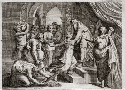 Biblia Royaumont, Stary Testament: Królowa Saby. Królowa Saby przybywa do Salomona, aby wysłuchać jego mądrości i ofiarować mu prezenty. Ilustracja z 1811 roku. autorstwa Unknown artist