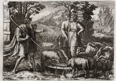 Biblia Royaumont, Stary Testament: Rachela i Lea. Jakub służył Labanowi, swemu wujowi, aby poślubić jego córkę Rachelę. Ilustracja z 1811 roku. autorstwa Unknown artist