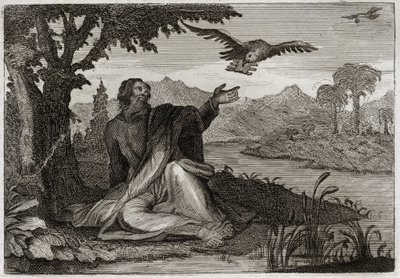 Biblia Royaumont, Stary Testament: Kruki Eliasza. Bóg uderzył w ziemię trzyletnim bezpłodnością, posłał proroka Eliasza strumieniem lub dwie wrony przyniosły mu jedzenie. Ilustracja z 1811 roku. autorstwa Unknown artist