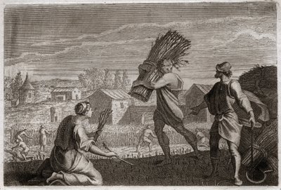 Biblia Royaumont, Stary Testament: Rut podąża za swoją teściową Noemi (Noemi, Noemi) w ziemi Judy i żniwa pola pszenicy Boaz (Boaz). Ilustracja z 1811 roku. autorstwa Unknown artist