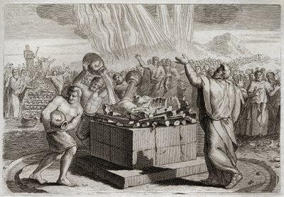 Biblia Royaumont, Stary Testament: Ofiara Eliasza. A gdy objawił prawdziwego Boga cudem ognia, który zstąpił z nieba na jego ofiarę, nakazał ludowi zabić czterystu pięćdziesięciu kapłanów bożka Baala. Ilustracja autorstwa Unknown artist