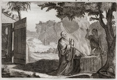 Biblia Royaumont, Stary Testament: Ofiara Gedeon. Gedeon (Gideon) jest powołany przez Boga do odebrania Żydów ich wrogom. Składa ofiarę na kamieniu, z którego wydobywa się ogień, który go trawi. Ilustracja z 1811 roku. autorstwa Unknown artist