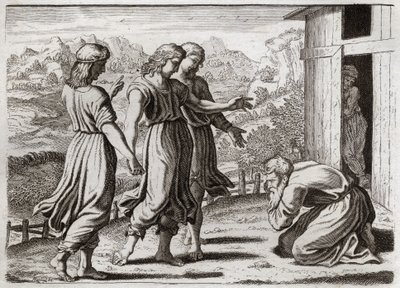 Biblia Royaumont, Stary Testament: Sara concots Izaaka. Abraham przyjmuje trzech Aniołów, którzy obiecują Sarze (Sarah), że za rok będzie miała syna. Ilustracja z 1811 roku. autorstwa Unknown artist