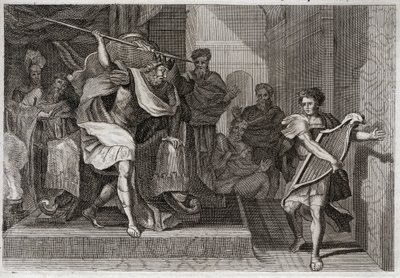 Biblia Royaumont, Stary Testament: Saul chce zabić Dawida. Saul pełen złości i zazdrości na Dawida, chce przebić swoją włócznię, gdy grał przed nim na harfie. Ilustracja z 1811 roku. autorstwa Unknown artist