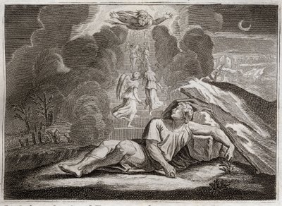 Biblia Royaumont, Stary Testament: Skala Jakuba. Jakub uciekając przed gniewem Ezawa, żyje śpiąc na tajemniczej drabinie. Ilustracja z 1811 roku. autorstwa Unknown artist