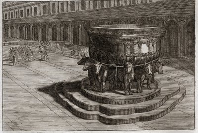 Biblia Royaumont, Stary Testament: Morze mosiężne. Żeliwo zwykle wzywa Morze Miedziane, aby umyć stopy i ręce kapłanom, kiedy wchodzą do świątyni. Ilustracja z 1811 roku. autorstwa Unknown artist