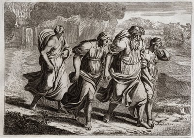 Biblia Royaumont, Stary Testament: Sodom brulee. Bóg drażni ohydne zbrodnie Sodomy, pali ją wraz z innymi sąsiednimi miastami deszczem ognia i siarki, który spala z nieba (Loth, jego córki i jego żona uciekają z miasta). Ilustracja autorstwa Unknown artist