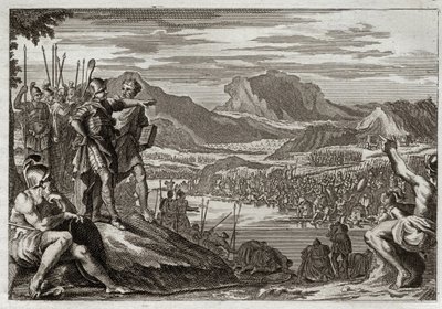 Biblia Royaumont, Stary Testament: Żołnierze Gedeon. Bóg nakazuje Gedeonowi (Gideonowi) poprowadzić wszystkie swoje wojska nad rzekę Jordan i daje mu znak, aby rozpoznać tych, których miał użyć do walki z Midianitami. Ilustracja z 1811 roku. autorstwa Unknown artist