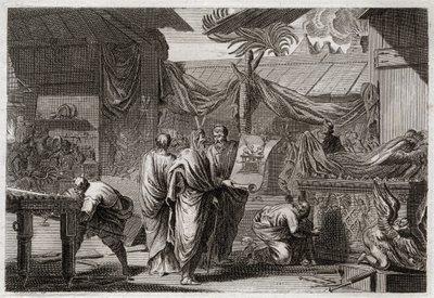 Biblia Royaumont, Stary Testament: Tabernakulum. Mojżesz ustawia Przybytek według porządku, który otrzymał od Boga. Ilustracja z 1811 roku. autorstwa Unknown artist