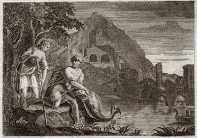Biblia Royaumont, Stary Testament: Anioł prowadzi Tobiego. Młody Tobie jest przerażony rybą (cudowną), która chciała go zjeść. Anioł Rafael przychodzi z Bożego nakazu, aby poprowadzić go w podróż, którą musiał odbyć. Ilustracja z 1811 roku. autorstwa Unknown artist