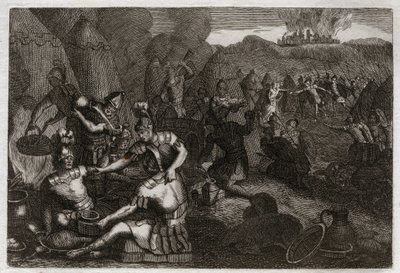 Biblia Royaumont, Stary Testament: Złodzieje z Siceleg. Niektórzy Amalekici przybywają, aby plądrować Siceleg pod nieobecność Dawida. Wpada w furię i traci ich. Ilustracja z 1811 roku. autorstwa Unknown artist
