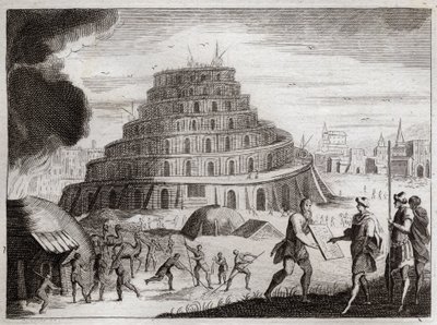 Biblia Royaumont, Stary Testament: Wieża Babel. Ludzie chcą próżnością wznieść Wieżę do nieba. Bóg zapobiega tej pracy, mieszając ich języki, aby nie mogli już słyszeć siebie nawzajem. Ilustracja z 1811 roku. autorstwa Unknown artist