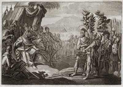 Biblia Royaumont, Stary Testament: Dwunastu szpiegów. Mojżesz wysłał dwunastu szpiegów, aby rozpoznali ziemię Kanaan (ziemię obiecaną). Sprawiają, że ludzie szepczą, a Bóg, aby ich ukarać tym szemraniem, zapewnia ich, że nigdy nie wejdą na tę ziemię. Ilust autorstwa Unknown artist