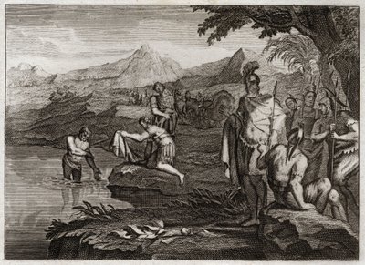Biblia Royaumont, Stary Testament: Wojna Naamana. Naaman, generał armii króla Syrii, przybył, by znaleźć proroka Elizeusza, aby został uzdrowiony z trądu. Ilustracja z 1811 roku. autorstwa Unknown artist