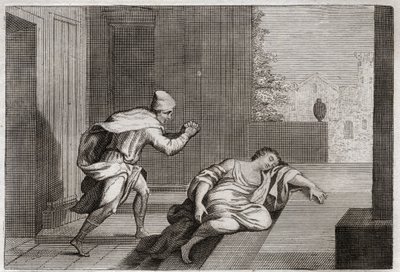 Biblia Royaumont, Stary Testament: Kobieta z lewity zniewagi. Żona Lewity została znaleziona martwa przy drzwiach po znęcaniu się przez bandytów. Ilustracja z 1811 roku. autorstwa Unknown artist