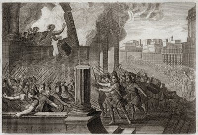 Biblia Royaumont, Stary Testament: oparzenia Zambri. Zambri, zbuntowany przeciwko Eli, czwartemu królowi Izraela, oblega Tersę, gdzie spala się wraz z całą rodziną w swoim pałacu. Ilustracja z 1811 roku. autorstwa Unknown artist