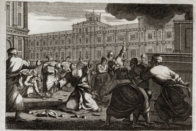 Biblia Royaumont, Stary Testament:, Zachariasz ukamienowany. Zachariasz, arcykapłan, zostaje ukamienowany na rozkaz króla judzkiego Joasza (Jehoasza), ponieważ odebrał mu rozkazy. Ilustracja z 1811 roku. autorstwa Unknown artist