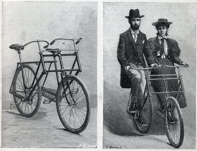 Rower posiada dwa foteliki produkcji „Punnett Cycle” bez iz rowerzystami. Grawerowanie w „”La Nature”” autorstwa Unknown artist