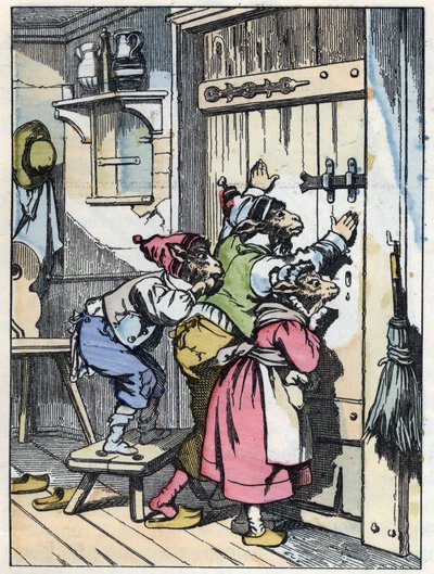 Bikiety słuchają, kto puka do drzwi. Ilustracja do baśni „Compere le Loup, Maitre Renard, Comere la Chevre et ses petits biquets”” według bajki Jeana de la Fontaine. W „Opowieściach z domu dla najmłodszych””. Anonimowy grawerunek 1 autorstwa Unknown artist