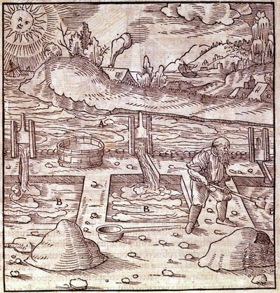 Odzysk asfaltu. Georg Bauer „” Agricola De Re metallica”” książka z XV wieku. Biblia Muzeum Nauki w Mediolanie. autorstwa Unknown artist