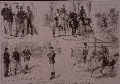 Czarni Tropiciele na tropie buszrangerów w Wiktorii w Australii w 1881 roku (rycina) autorstwa Unknown artist