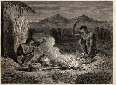 Kowale w Simiango, nad brzegiem rzeki Zambes. Grawerowanie ilustrujące pierwsze podróże dr Livingstone
