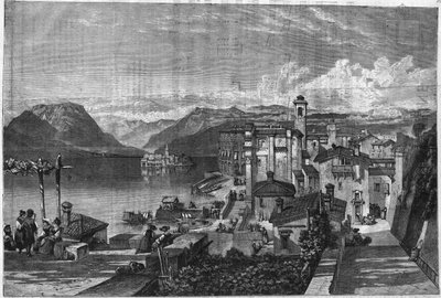 Wyspy Borromee jeziora Maggiore (Jezioro Maggiore w Lombardii) we Włoszech: Widok Isola Bella (Ila-Bella). Grawerowanie w „L