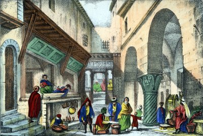 Sklepy na ulicy w Algierze. w „Starożytnej i współczesnej Algierii” Léona Galiberta. Wydanie włoskie w kolorze 1846. autorstwa Unknown artist