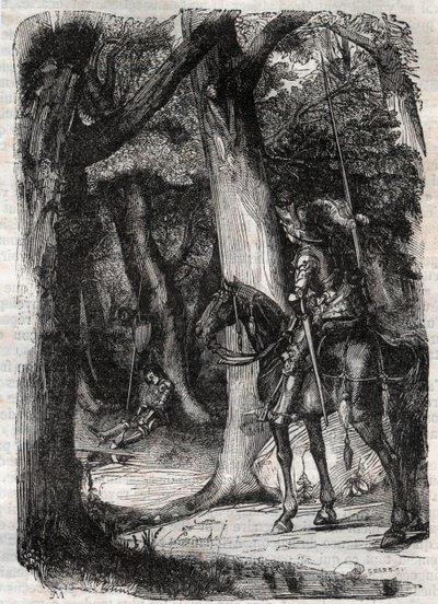 Bradamante apercoit Pinabel (Pinabello) - rycina z 1851 r. z „Roland furieux” (Orlando furioso) (XVI w.) Ludovico Ariosto, znanego jako Ariosta - Wydanie przetłumaczone z języka włoskiego przez hrabiego Tressan i opublikowane przez Gustave Harvard 1851 autorstwa Unknown artist