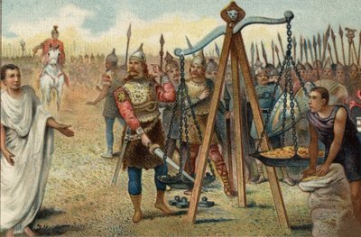 Brennus kładzie swój miecz na szali, 390 pne: złupiony Rzym przez Galów dowodzonych przez ich wodza Brennusa (Brennos). W obliczu oporu Rzymian Brennus zgodził się rozprawić z rzymskim trybunem wojskowym Kwintusem Sulpicjuszem: opuścił Rzym wbrew autorstwa Unknown artist