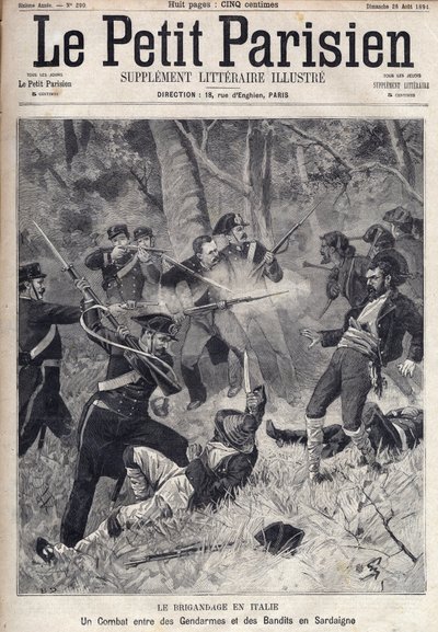 Brygada we Włoszech: walka żandarmów z bandytami na Sardynii. (Briganti Sardi, Sardynia) Grawerowanie w „”Le Parisien”” autorstwa Unknown artist