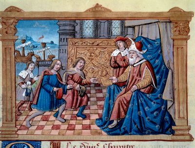 Bracia Nicolo i Matteo Polo, ojciec i wuj młodego Marco Polo (1254-1324) zostali przyjęci na dworze Qubilai (Kubilai Khan, pierwszy cesarz mongolskiej dynastii Yuan (1215-1294), cesarz mongolski w 1271 roku. Miniatura zaczerpnięte z „” B autorstwa Unknown artist