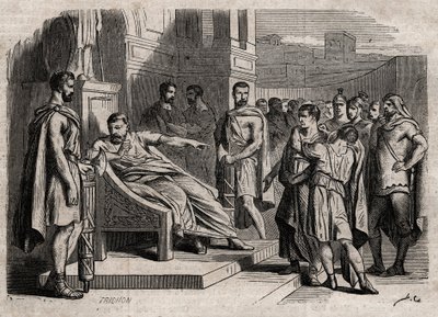 Brutus skazujący syna na śmierć - Brutus (Marcus Junius Brutus, 85-42 pne) skazujący swoich synów na śmierć - rycina w „Dictionnaire populaire illustrious” - 1864 - Joseph Decembre i Edmond Allonier - autorstwa Unknown artist