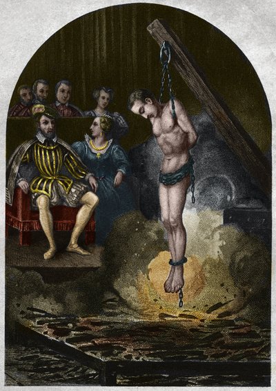 Płonąca komora (dwór) za króla Henryka II (1519-1559) w obecności Katarzyny Medycejskiej (Caterina de Medici). Rycina z 1842 roku w „Histoire des Popes” Maurice