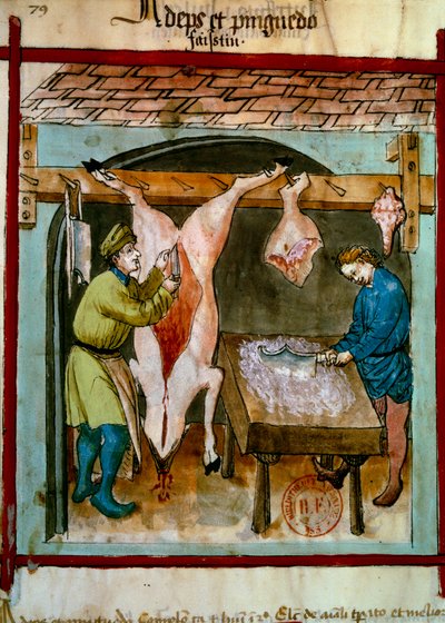 Rzeź: s quarrising świni. Oświetlenie z doju medycyny i dietetyki „”Tacuinum sanitatis”” autorstwa Unknown artist