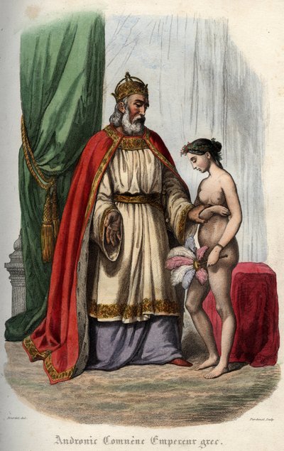 Cesarz bizantyjski Andronikos I Komnenos (lub Andronik I Komnen (ok. 1118-1185) (Andronik I Komnena) i jego żona Agnes z Francji (1171-1240), która jest zmuszona ukazywać się nago podczas orgii. Rycina z 1842 roku w „Histoire des papieży” Maurice Lachatre autorstwa Unknown artist