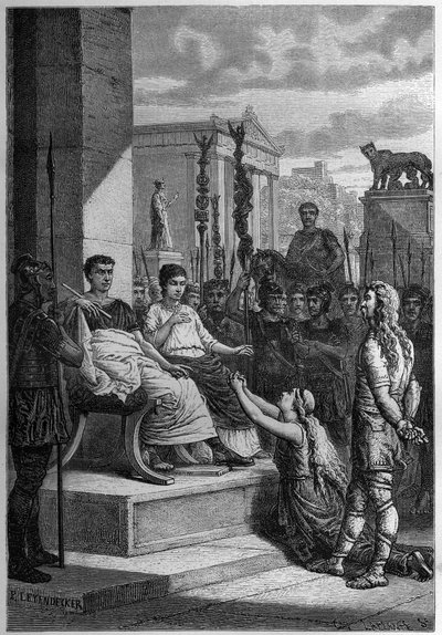 NIEWOLNOŚĆ CHAMAKUS - Caratacus (Caratacos, Caratacus) w niewoli wraz ze swoją rodziną zwraca się do cesarza rzymskiego Klaudiusza (Claude I) (10 pne-54 ne) - Grawerowanie w "L