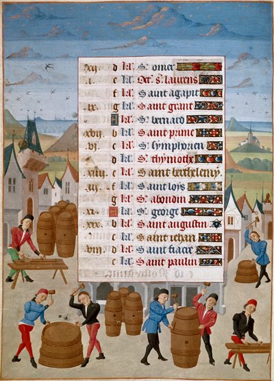 Kalendarz: Sierpień - Produkcja beczek na wino - Miniatura mistrza Jean de Rolin (XV w.) z „Godzin Adelajdy Sabaudzkiej, księżnej Burgundii” 1460-1465 Chantilly, Musee Conde autorstwa Unknown artist