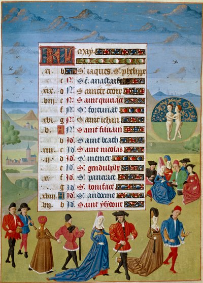 Kalendarium: miesiąc maj, tańce i zabawy - Miniatura Mistrza Jeana Rolina z rękopisu „Godziny Adelajdy Sabaudzkiej, księżnej Burgundii” 1460-1465 Chantilly, Musee Conde autorstwa Unknown artist