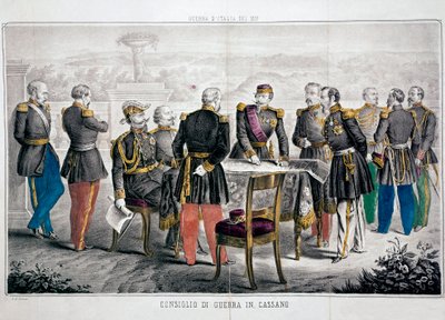 Kampania włoska 1859: Rada Wojenna Cassano, podczas której spotykają się Vittorio Emanuele II (Victor-Emmanuel lub Victor Emmanuel) i cesarz Napoleon III. Prywatna kolekcja autorstwa Unknown artist